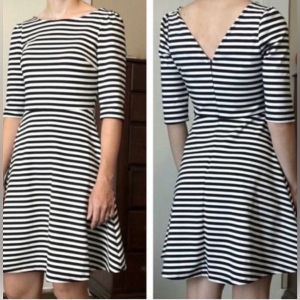 Pixley Stitch Fix Kathy Black & Off White Striped Fit & Flare V-Back Dress M